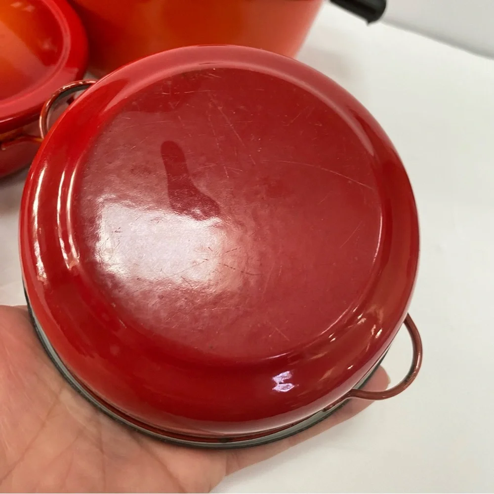 Lot of 3 Small Orange Enamel Pots and Lids Bakeware Iron Metal with Handles